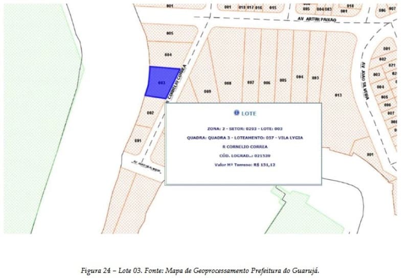 Foto 4 de 7: Terreno em leilão em Guarujá - SP, bairro Vila Lygia — LOTE 001 LEILÃO JUDICIAL - Quadra nº 3, lotes de terreno nº 1, 2, 3, 4, 5 - Área total aproximada de