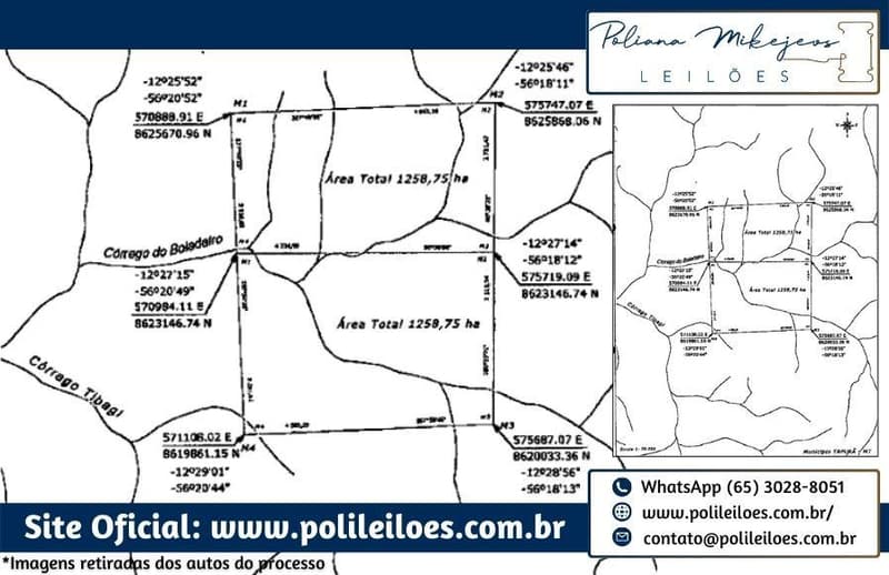 Terreno em leilão em Tapurah - MT — 629,375ha equivalentes a 50% do lote de terras, desmembrados do lote Santa Lúcia, denominado Lote 03, em Tapurah/MT, matrícula nº 4.631