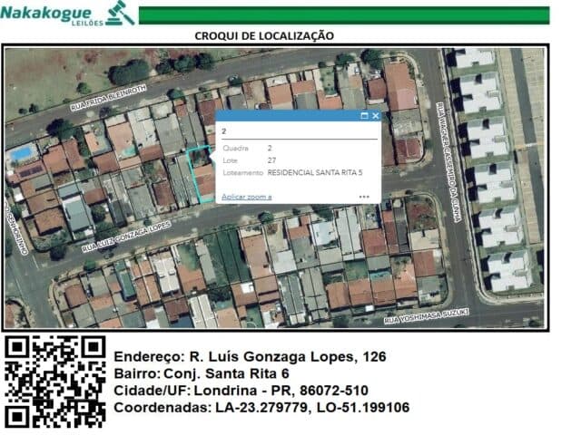 Foto 1 de 5: Terreno em leilão em Londrina - PR — LOTE DE TERRAS SOB Nº 27, DA QUADRA Nº 02, COM ÁREA DE 254,19M² - RUA LUIZ GONZAGA LOPES, 126